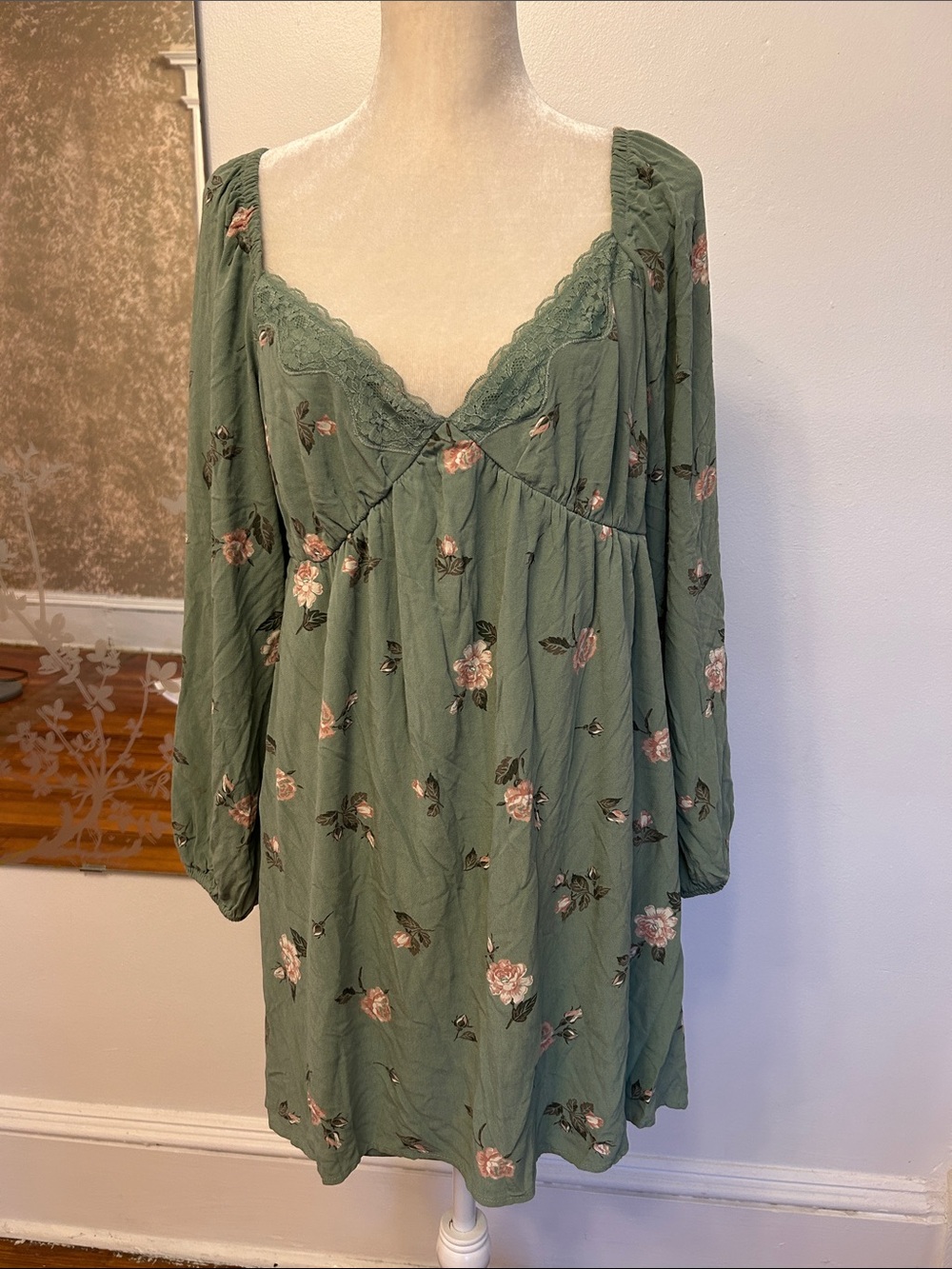 bp Sage Green Floral Lace-Trim Long-Sleeve Dress